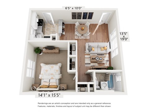 Floor plan for 1 bed, 1 bath, 675 sqft